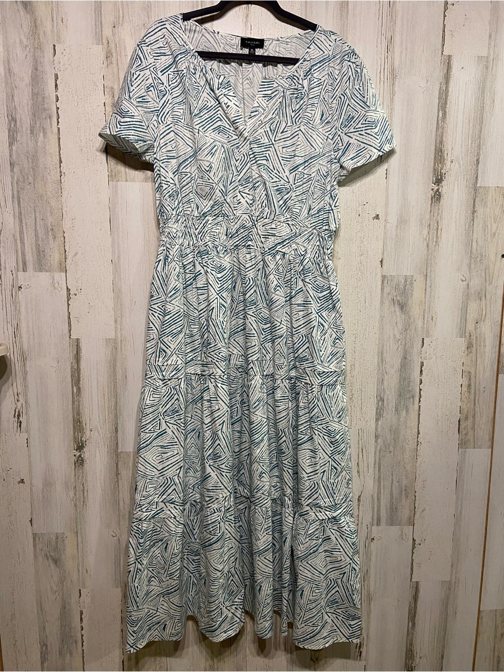 Tahari White Teal Tiered Maxi Dress XL